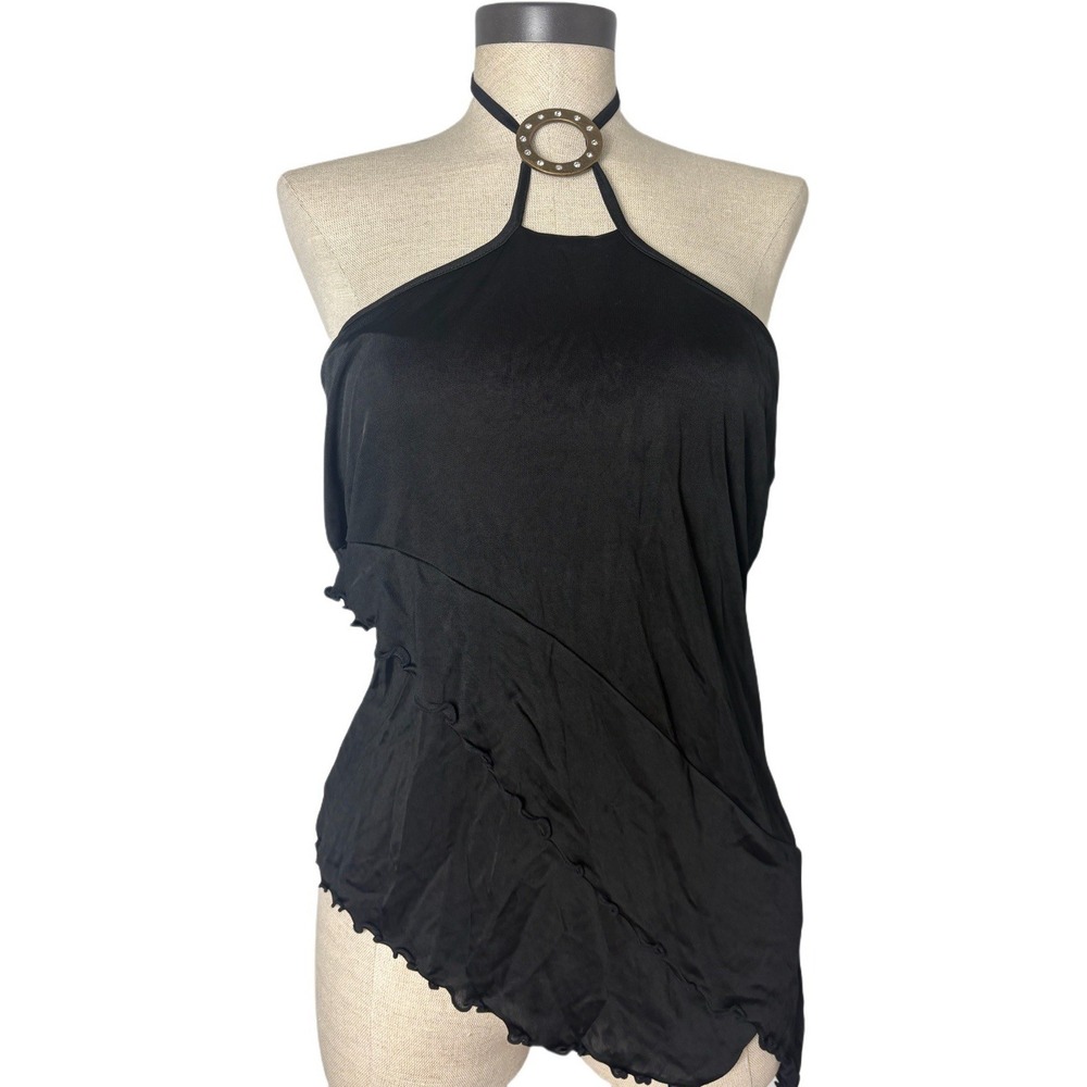 VTG Moda International Y2K Women's XL Black Asymmetrical Drape Halter Circle Top